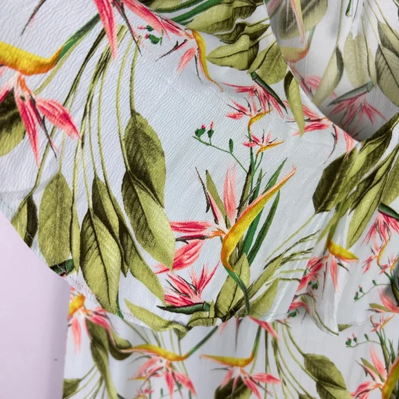 Zara Birds of Paradise Floral Open Back Dress Large Green Pink - Picture 14 of 16